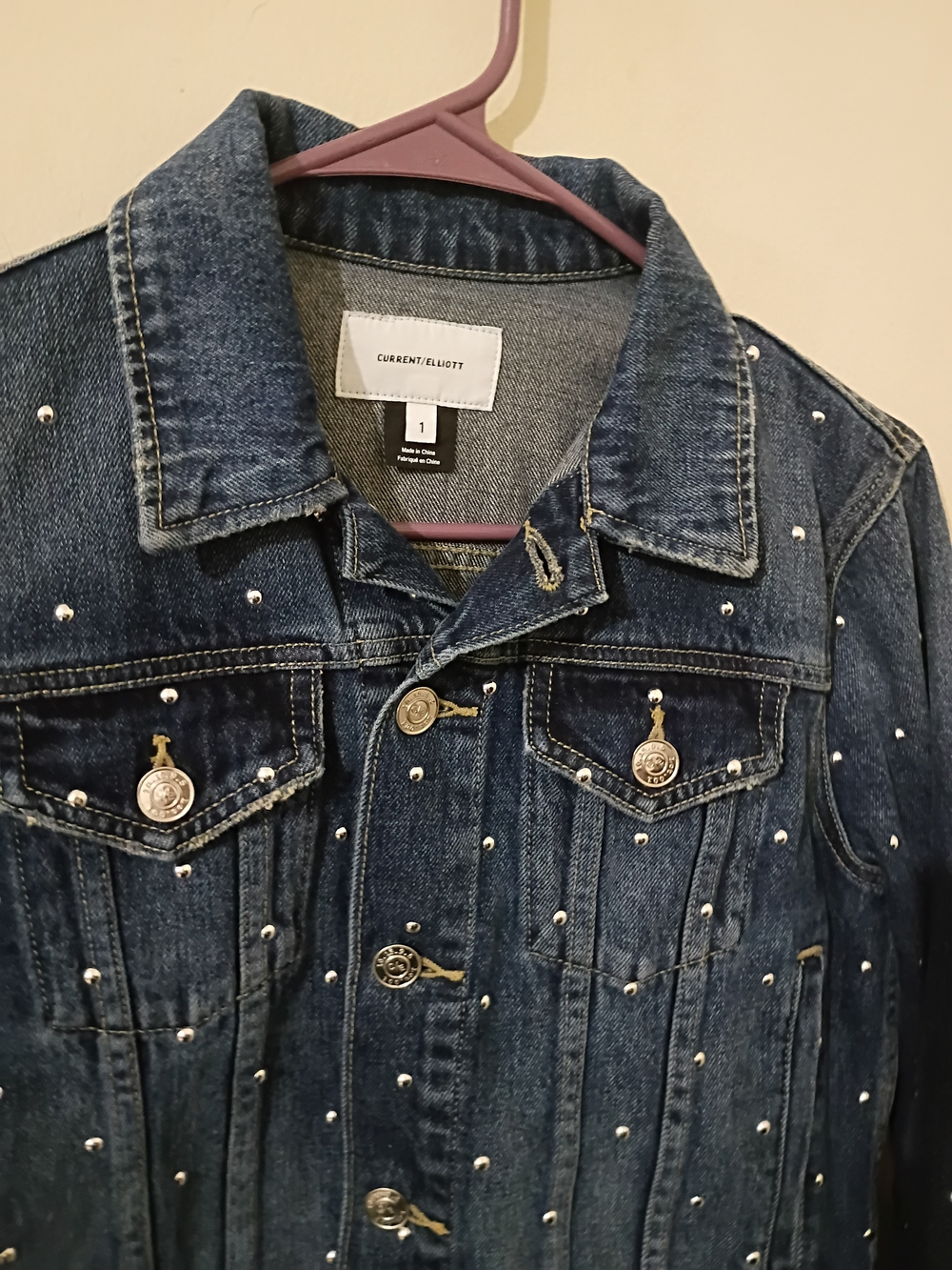 Current/Elliott Dark Blue Studded Denim Trucker Jacket